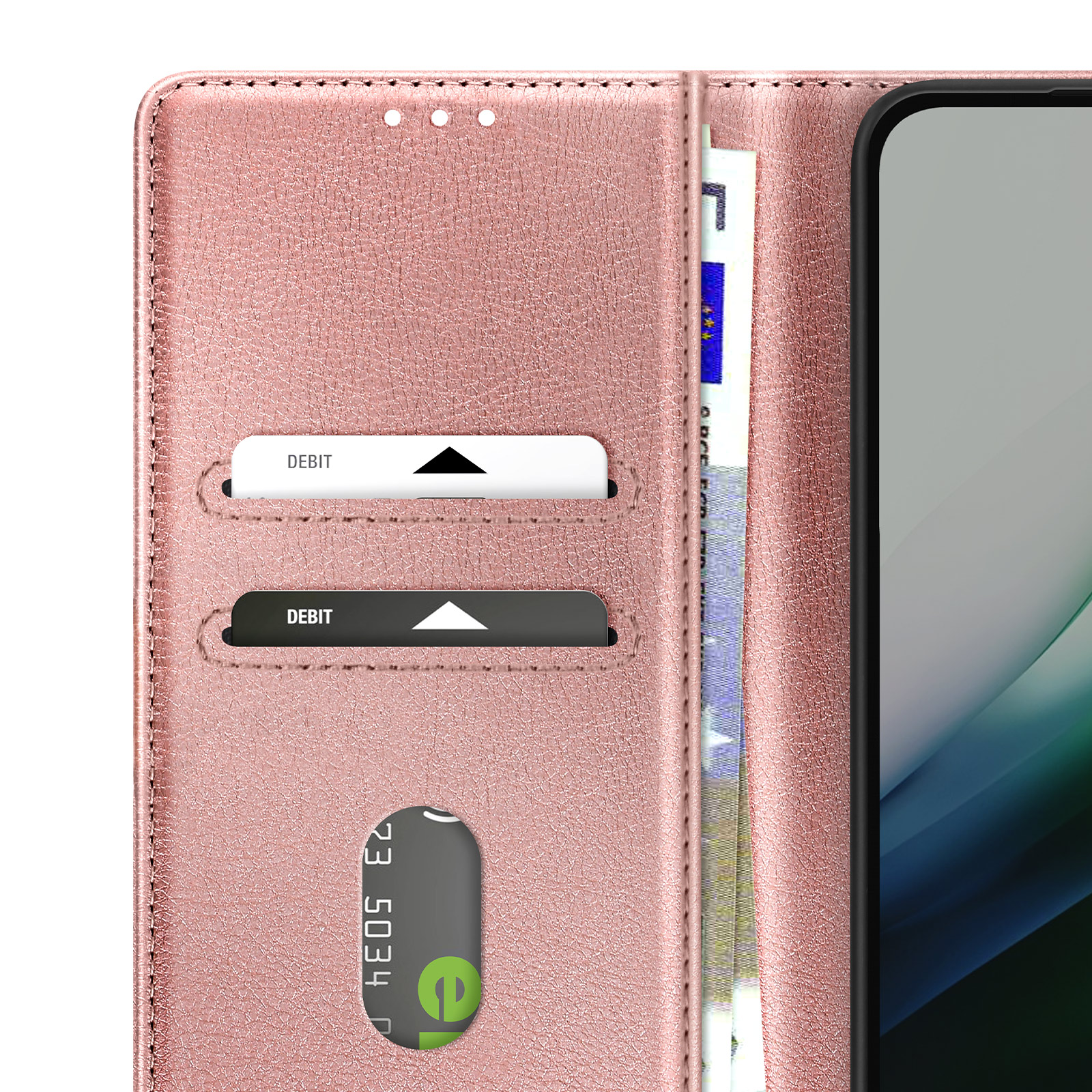 Rosa Geldbörse mit EC-Kartenfächern, einem Telefon und einer Rechnung. Die Geldbörse ist offen.