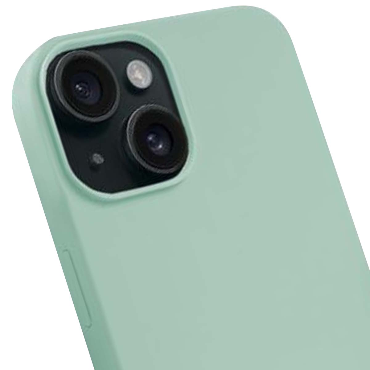 Primo piano di una custodia per telefono verde menta con configurazione a tripla fotocamera. Sfondo bianco.