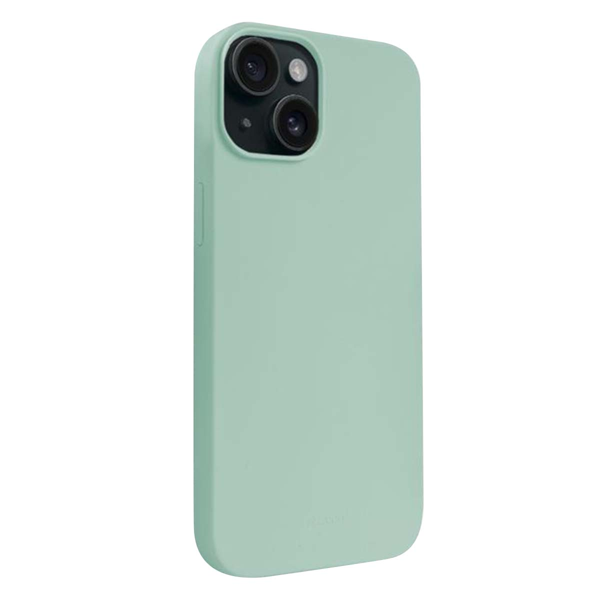 Una custodia per telefono verde menta con un ritaglio per una fotocamera a doppia lente. La custodia è liscia e copre la parte posteriore e i lati.