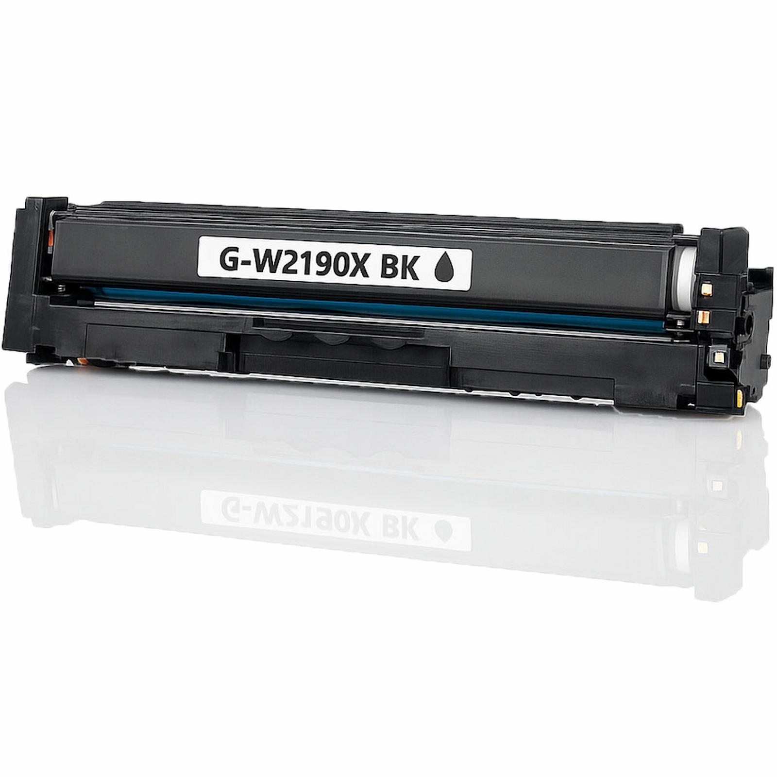 Eine schwarze Druckertonerpatrone mit der Aufschrift G-W2190X BK, reflektiert auf weißem Untergrund.