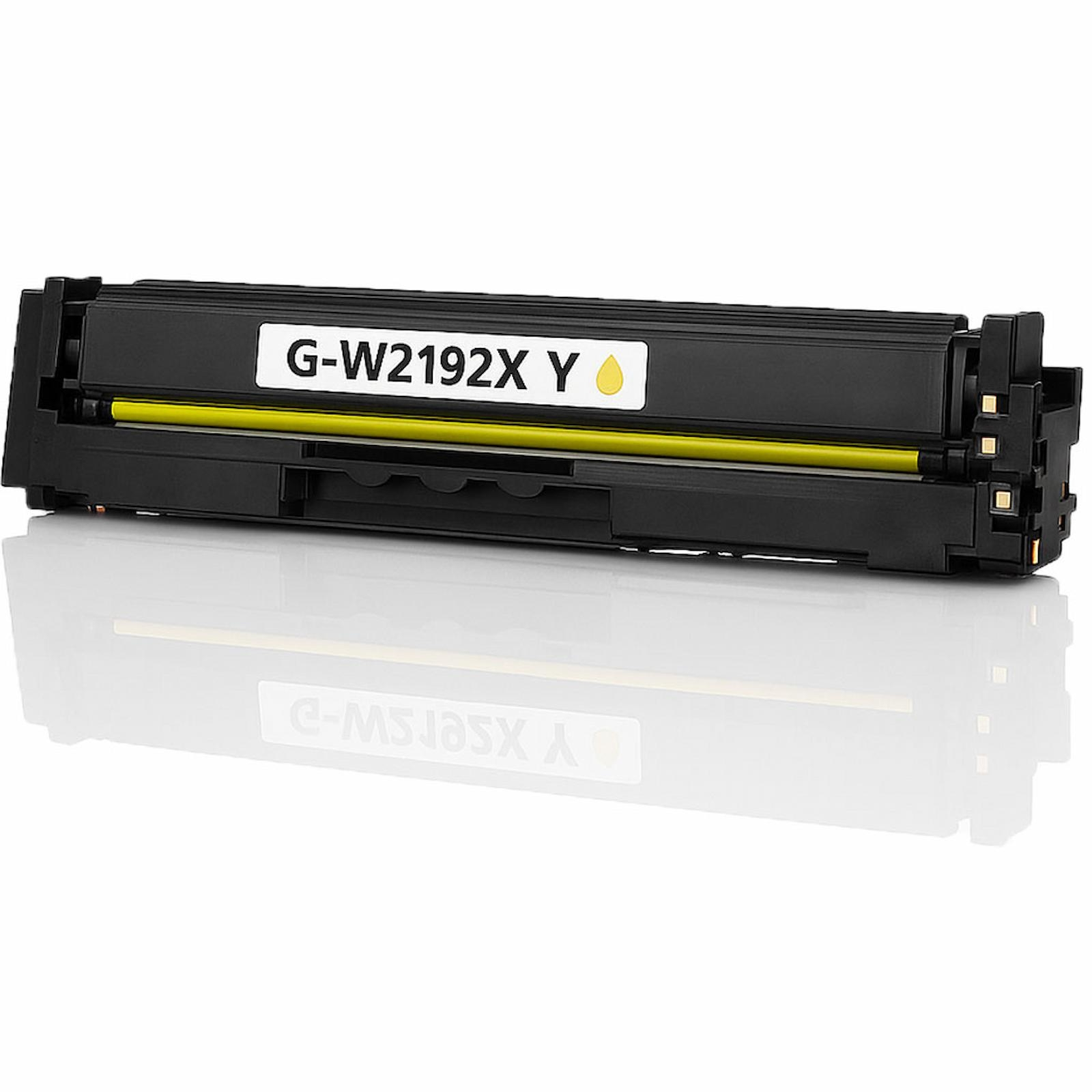 Schwarze und gelbe Tonerkartusche. Aufschrift G-W2192X Y. Auf weißer Oberfläche reflektiert.
