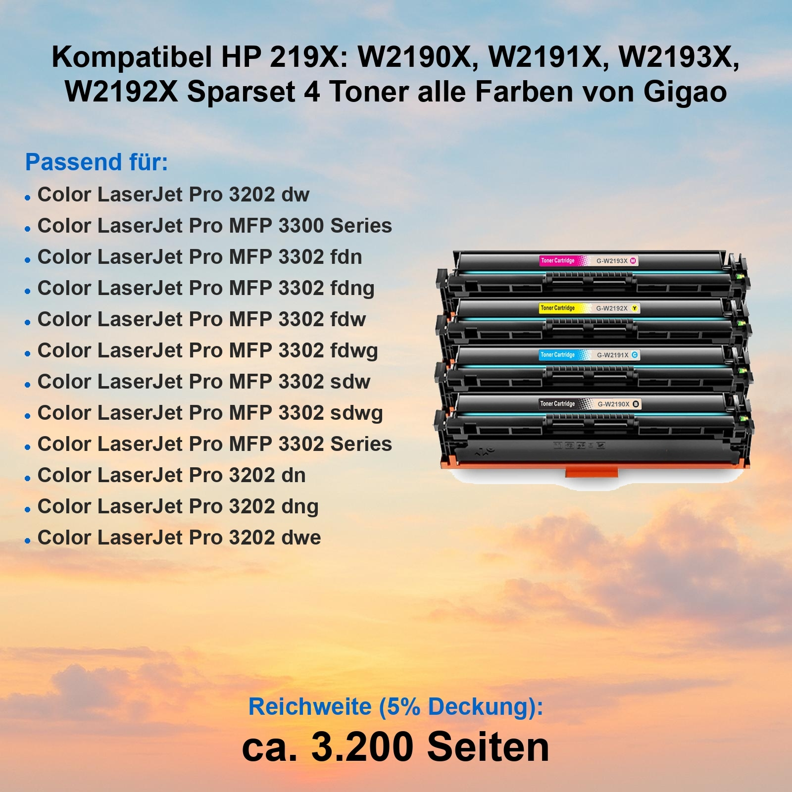 Das Bild zeigt Tonerkartuschen mit Etiketten. Textdetails zur Druckerkompatibilität und Seitenleistung. Hintergrund ist Himmel.