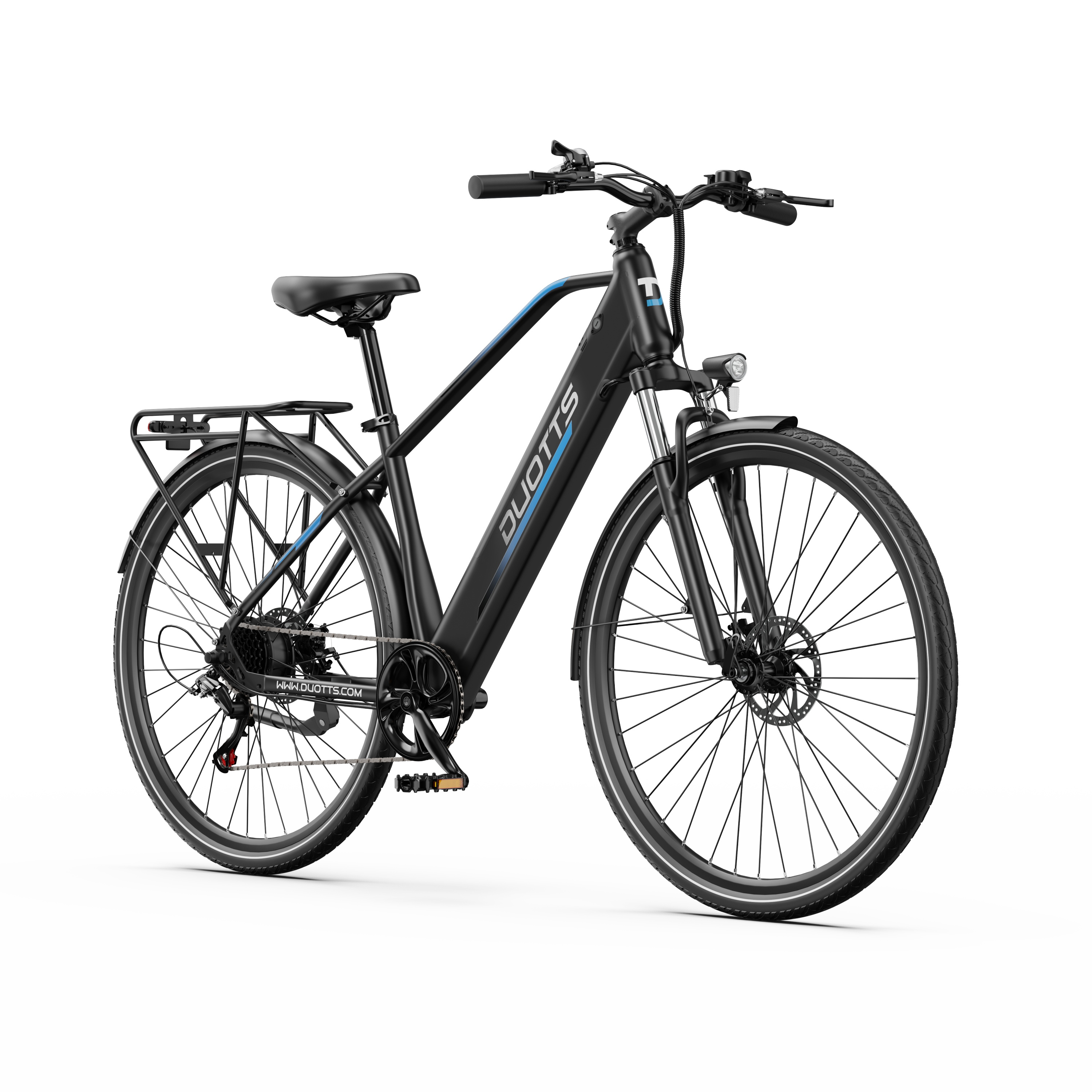 Schwarzes Elektrofahrrad auf weißem Hintergrund. Merkmale sind ein schwarzer Rahmen, blaue Akzente und ein DUOTTS-Logo.