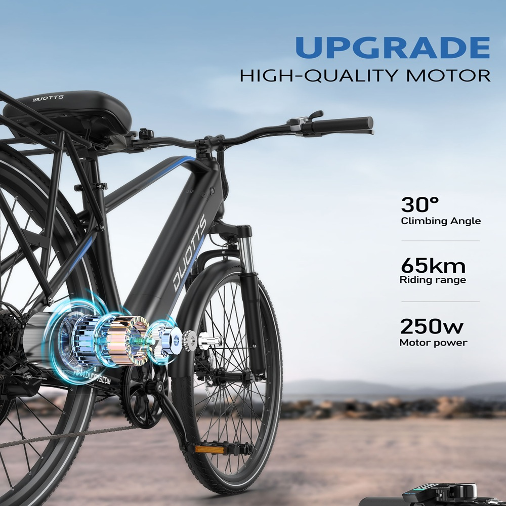 Schwarzes DUOTTS-Elektrofahrrad mit hervorgehobenen Motorkomponenten. Spezifikationen: 30° Steigungswinkel, 65 km Reichweite, 250 W Motor. Blauer Himmel im Hintergrund.