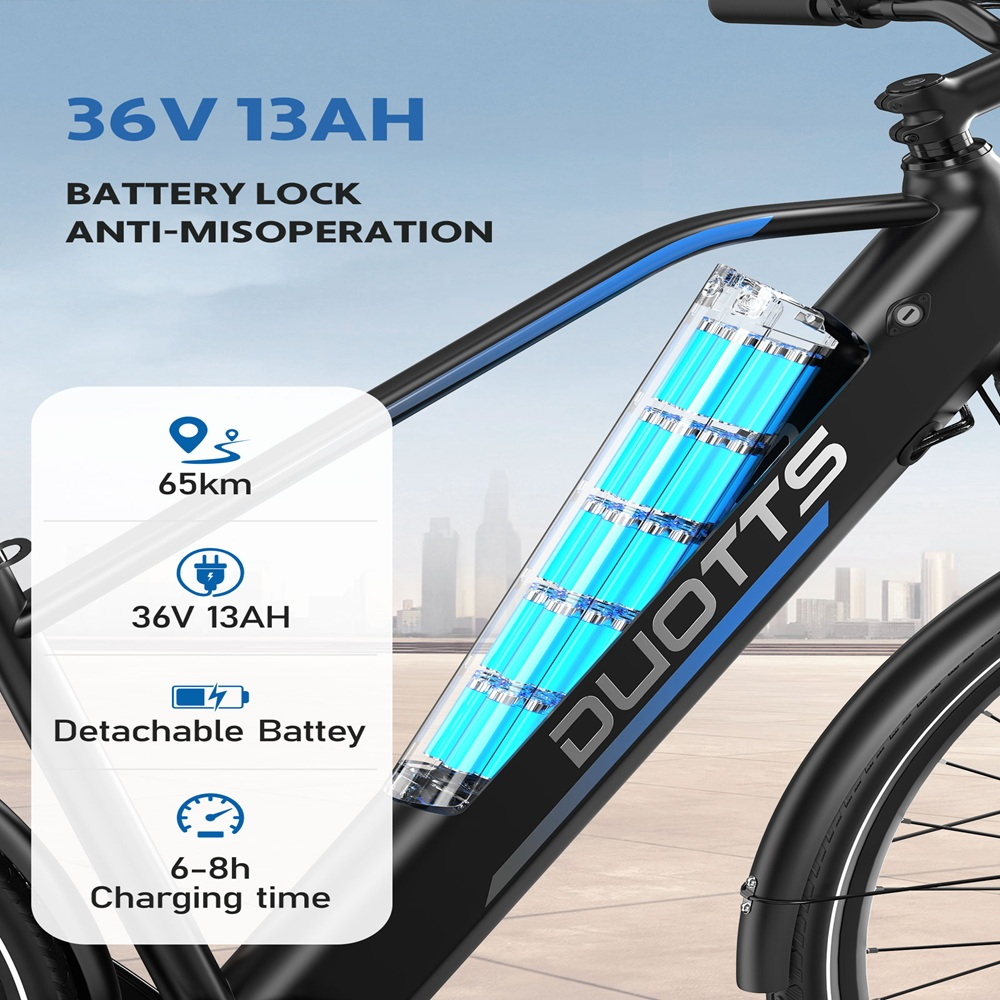 Ein Elektrofahrrad mit Batterieangaben. Das Fahrrad ist schwarz mit blauen Akzenten, ein Batteriefach mit blauen Zellen ist sichtbar.