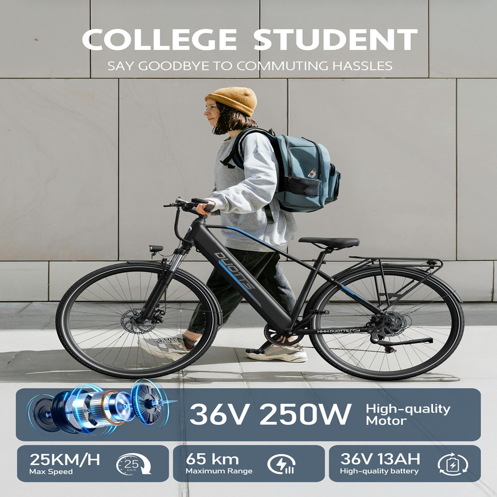 Eine Person geht mit einem Elektrofahrrad. Das Fahrrad ist schwarz mit blauen Akzenten, und die Person trägt einen Rucksack. Der Text lautet 'College Student'.