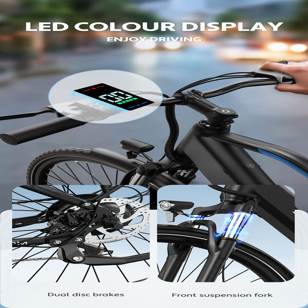 Ein schwarzes Elektrofahrrad mit LED-Anzeige, die die Geschwindigkeit anzeigt. Details zu Bremsen und Vorderradgabel werden hervorgehoben.
