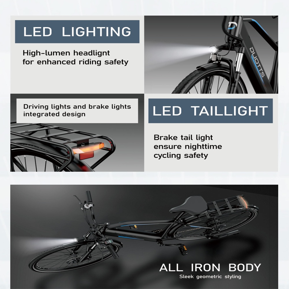 Ein schwarzes Fahrrad mit LED-Leuchten, einschließlich Scheinwerfer und Rücklicht. Text hebt Sicherheits- und Stylingmerkmale hervor.