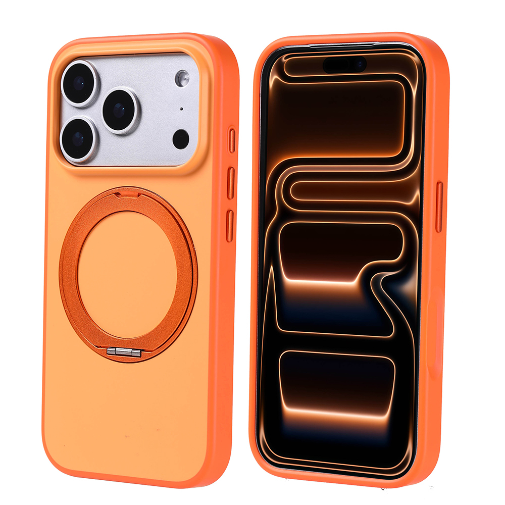 Turuncu telefon kılıfı, daire ve telefon ekranıyla. Kılıfta kamera delikleri ve düğmeler var. Ekran parlayan bir tasarım gösteriyor.
