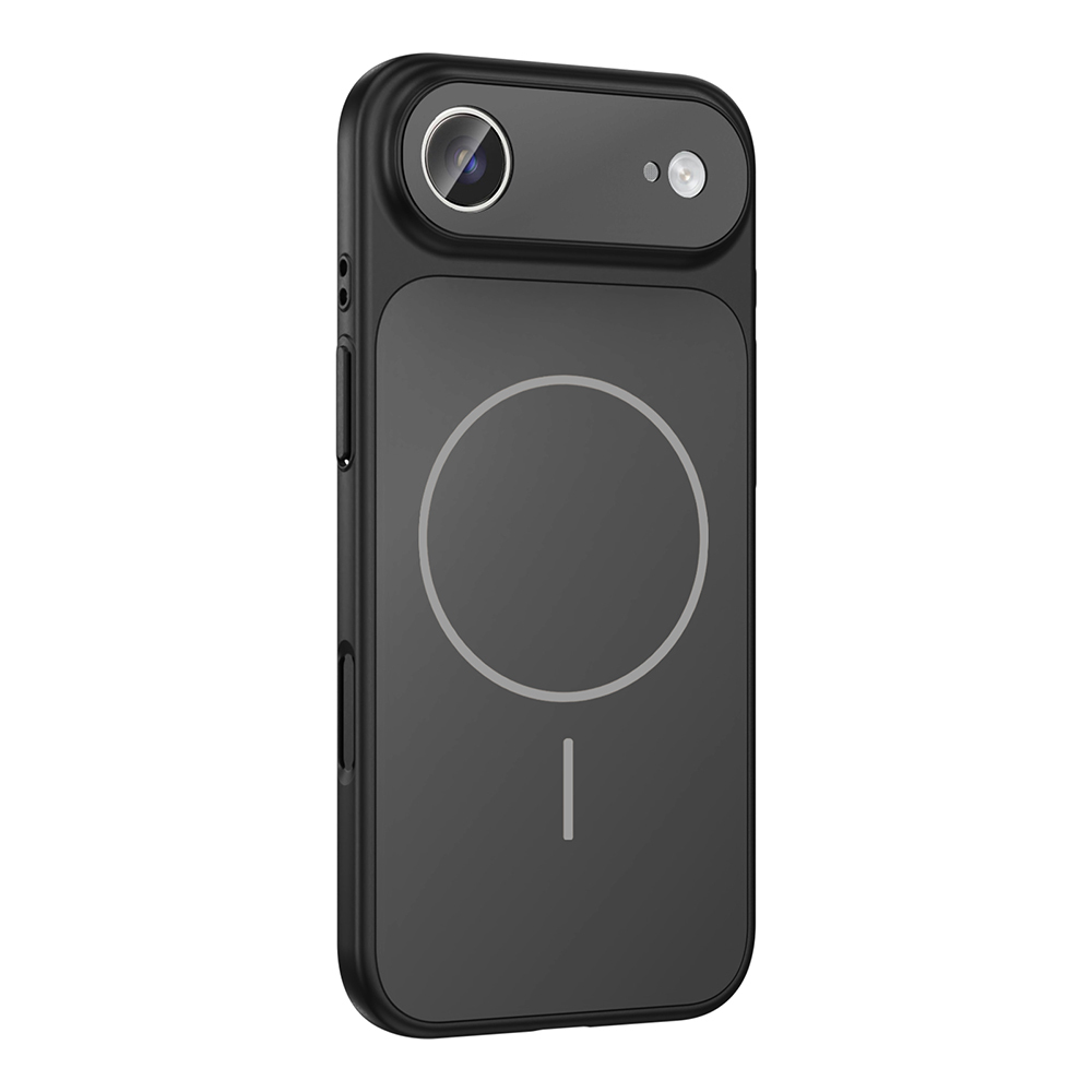 Siyah telefon kılıfı, kamera merceği ve ortasında dairesel bir tasarımla. Kılıf beyaz bir arka plan üzerinde.