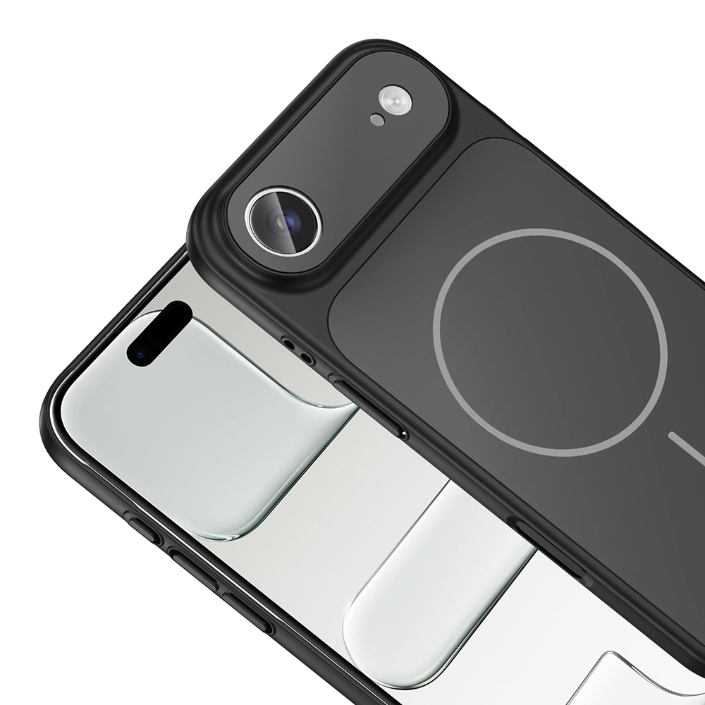 Siyah telefon kılıfı, kamera çıkıntısı ve beyaz daire tasarımı. Telefon kılıfın altında görünüyor.