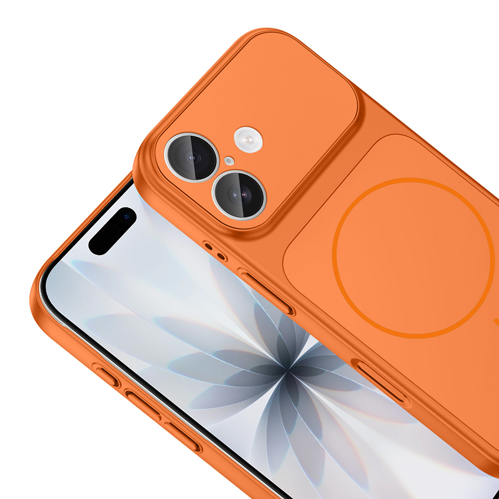 Bir telefon ekranını kaplayan, kamera oyuntulu turuncu bir telefon kılıfı. Kılıf dairesel bir tasarıma ve düğme detaylarına sahiptir.