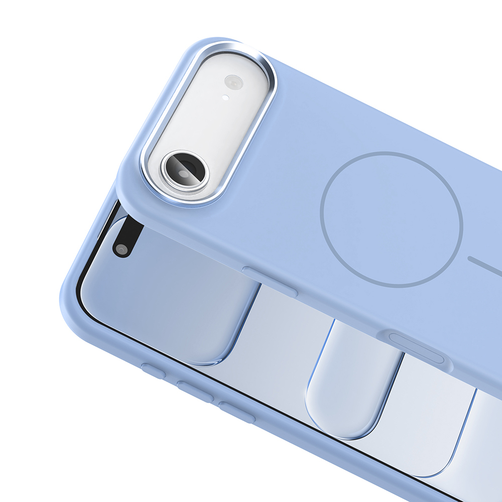 Kamera oyuntusu ve dairesel tasarıma sahip açık mavi bir telefon kılıfı. Kılıf açılıdır ve telefonun arkasını gösterir.
