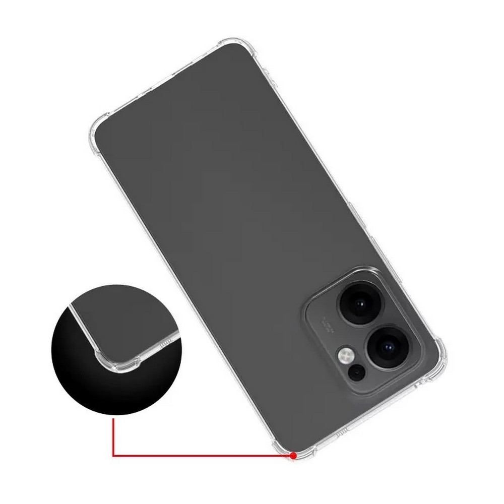 İçinde gri bir telefon bulunan şeffaf bir telefon kılıfı. Kılıfın kamera kesimi var. Bir köşenin yakınlaştırılmış görünümü bir daire içinde.