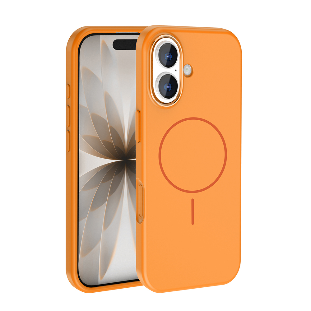 İçinde bir telefon bulunan turuncu bir telefon kılıfı. Kılıfın arkasında bir daire ve bir çizgi var. Ekran görünür.