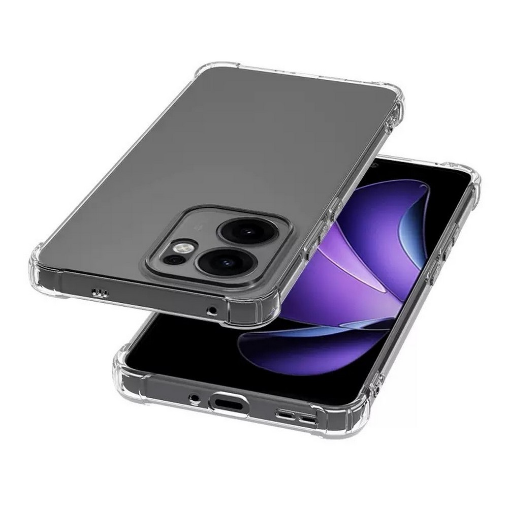 Şeffaf kılıf içinde bir akıllı telefon. Ekran, mor ve siyah soyut bir tasarım görüntülüyor. Kılıf şeffaf.