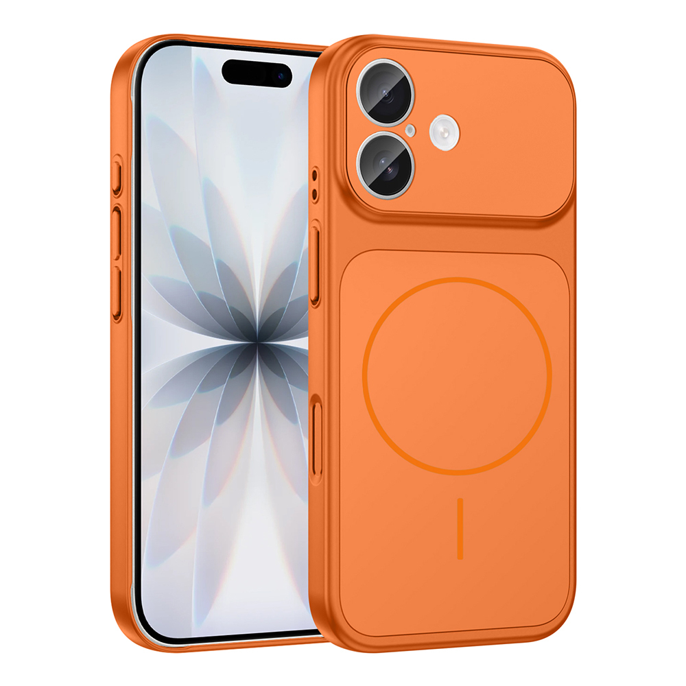 İçinde bir telefon bulunan turuncu bir telefon kılıfı. Kılıfın kamera kesikleri ve arkasında dairesel bir tasarımı var.