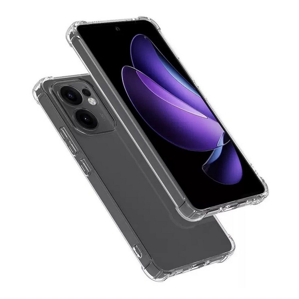 Şeffaf kılıflı iki akıllı telefon hafif açılı. Birinde mor soyut duvar kağıdı, diğerinde kamera görünür.