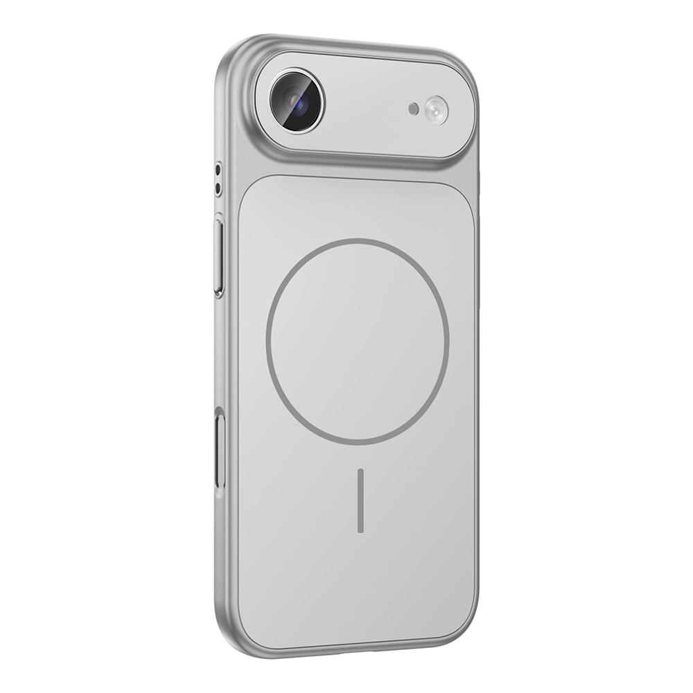 Kameralı gümüş renkli bir telefon kılıfı. Arkasında bir daire ve bir çizgi var. Yan tarafta düğmeler var.