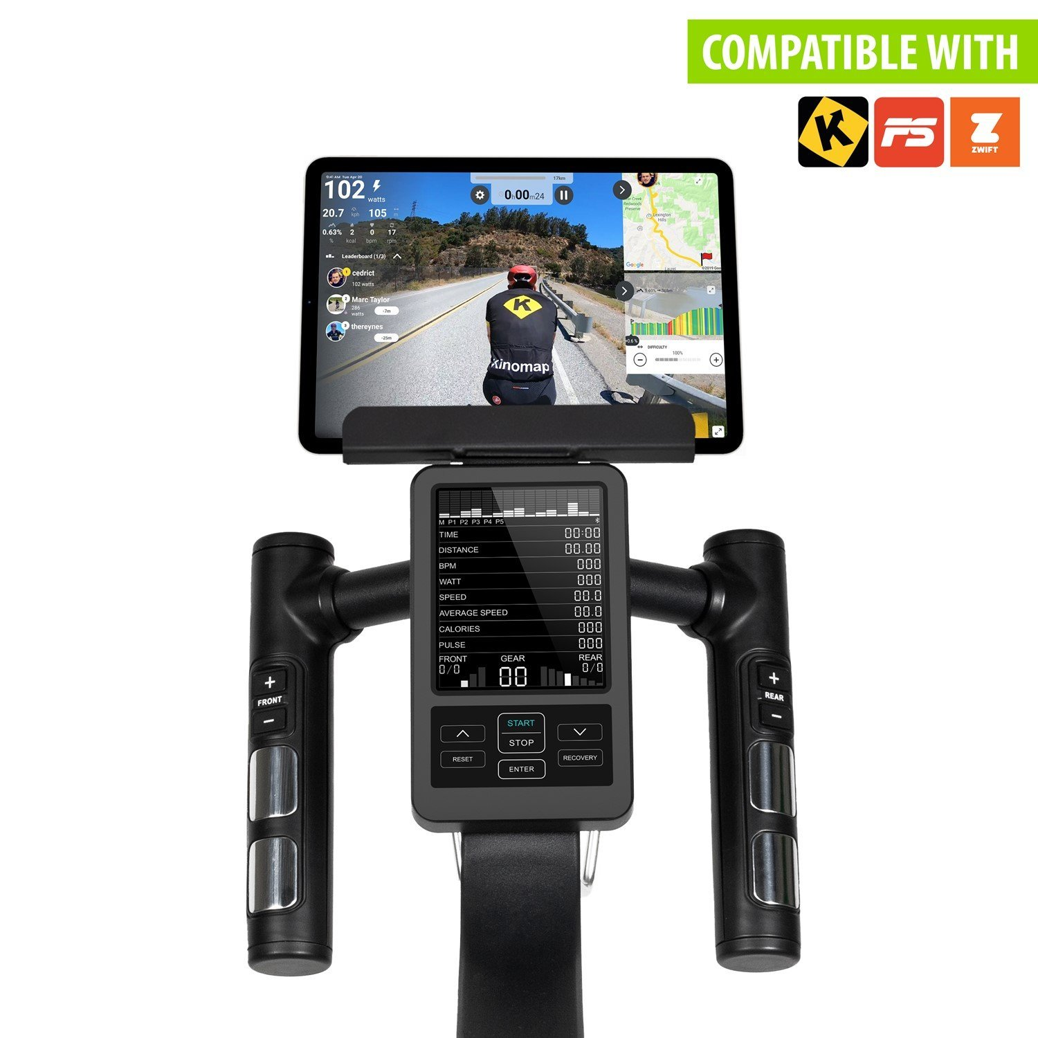 Heimtrainer mit Tablet, das eine Radfahr-App anzeigt. Es zeigt Statistiken wie Geschwindigkeit, Watt und eine Karte. Kompatibel mit Zwift.