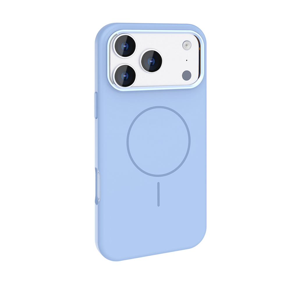 Kamera modülüne sahip açık mavi bir telefon kılıfı. Üç kamera merceği ve arkada dairesel bir tasarım var.