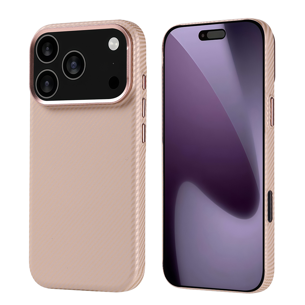 İki adet pembe altın telefon kılıfı, biri kamera lenslerini, diğeri ise mor bir gradyanla ekranı gösteriyor.