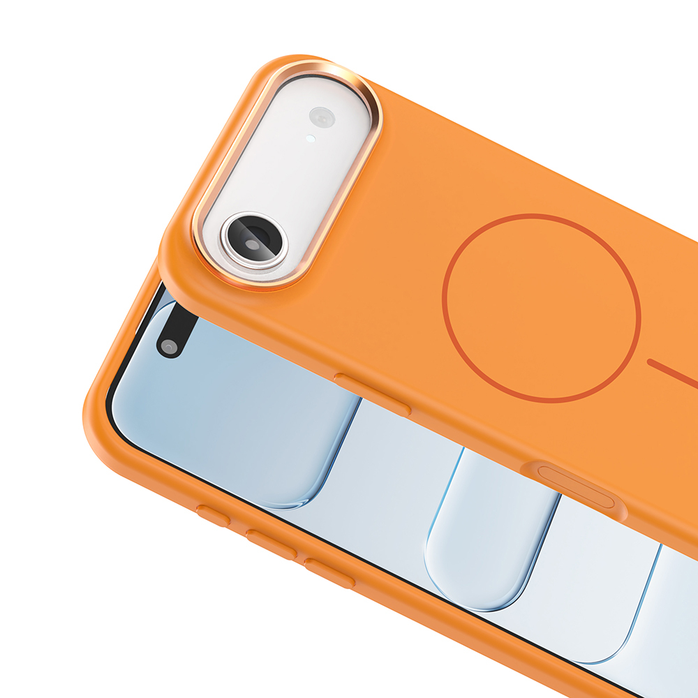 Turuncu bir telefon kılıfı, kamera oyuğu ve dairesel bir tasarıma sahip. Altındaki telefon kılıfın içinden görülebilir.