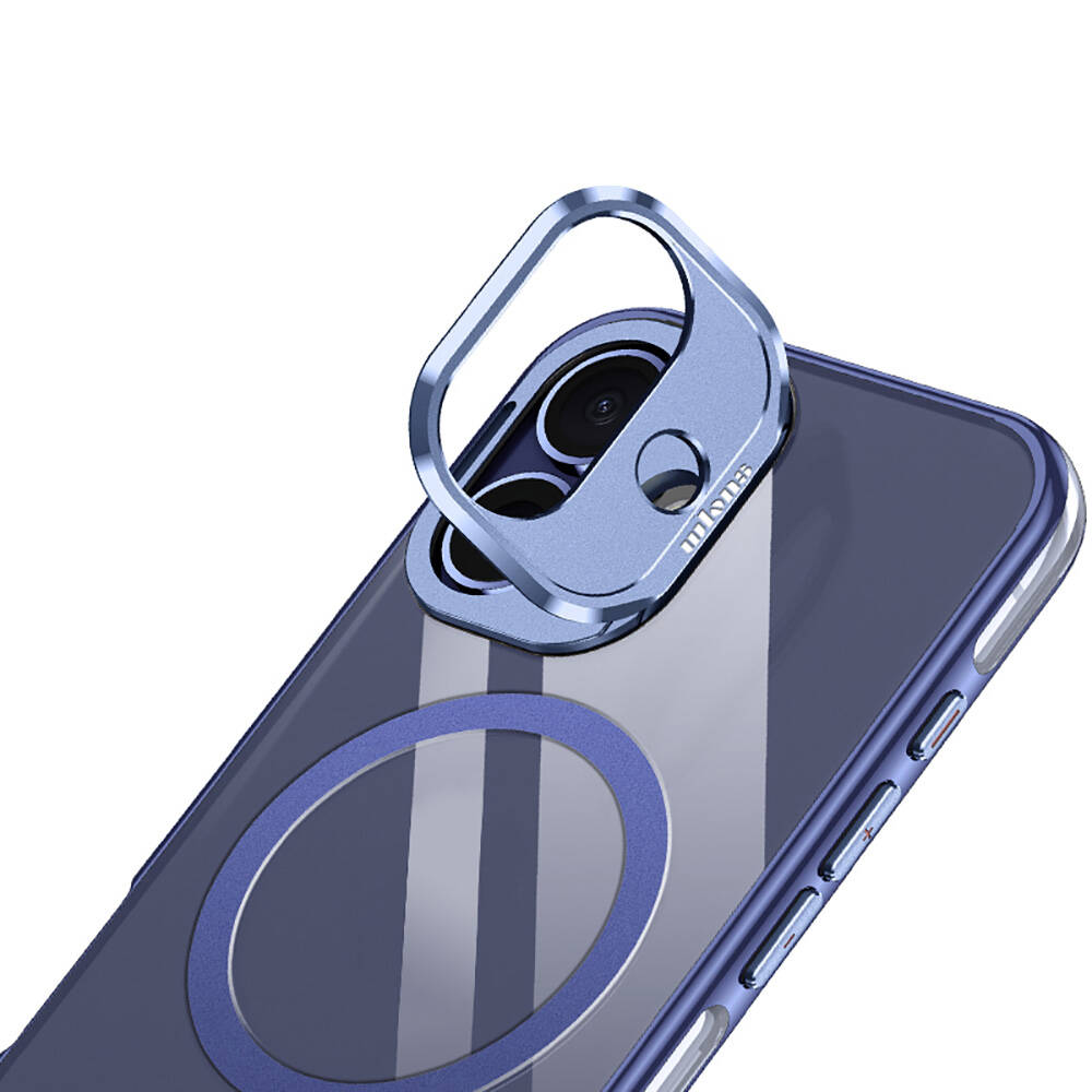 Mavi halkalı ve kamera koruyuculu şeffaf bir telefon kılıfı. Kılıfın arkasında mavi bir halka var.