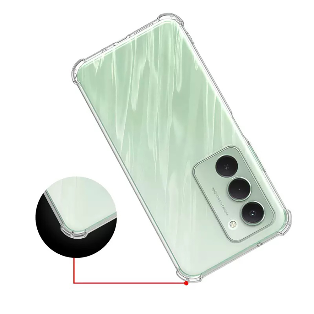 Nane yeşili bir telefonun üzerinde şeffaf bir telefon kılıfı. Kılıfın şeffaf bir çerçevesi var. Telefondan üç kamera ve bir flaş var.