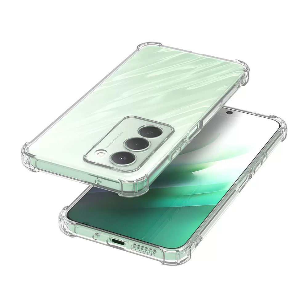 Nane yeşili arka yüzü olan şeffaf bir telefon kılıfı, bir telefonun ekranını gösteriyor. Kılıfın kamera kesimi ve yükseltilmiş kenarları var.