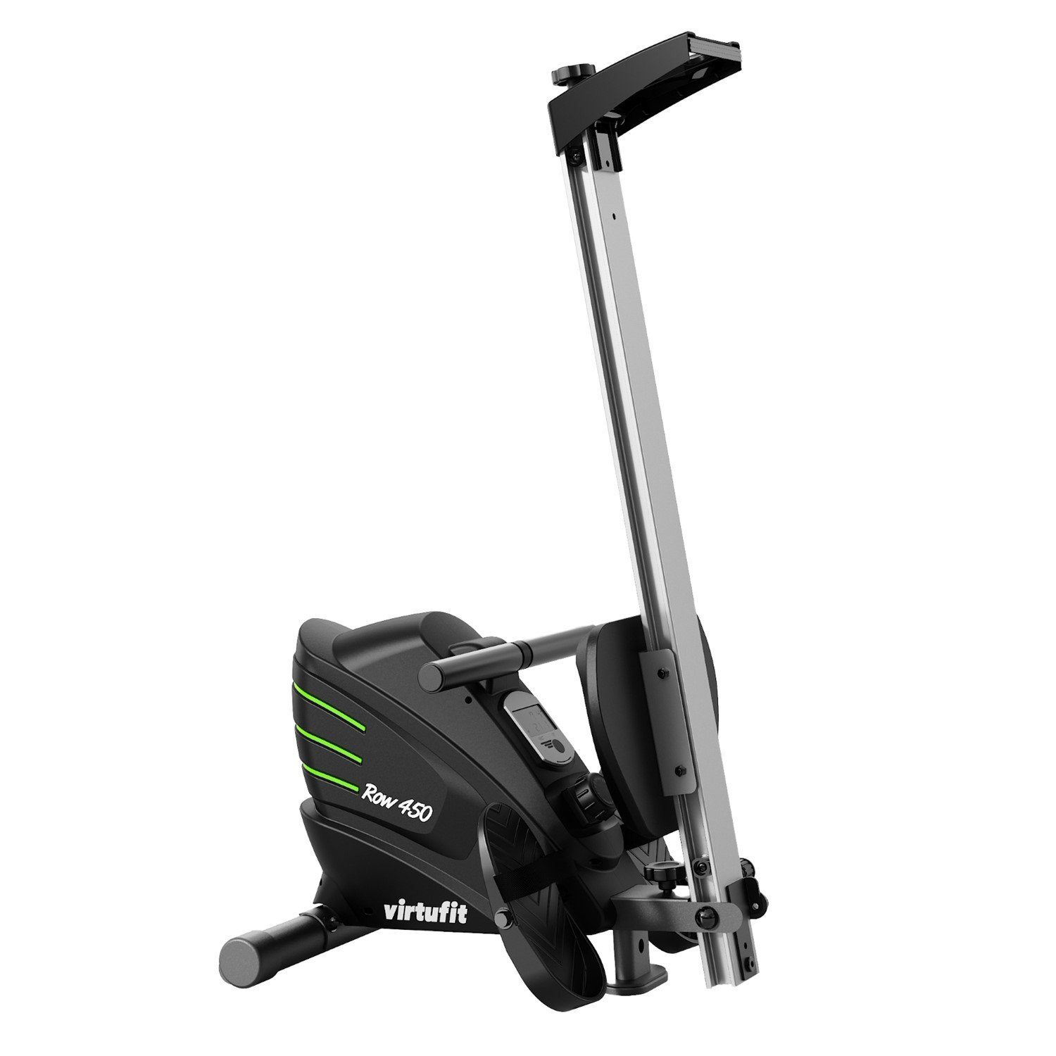 Ein schwarz-silbernes Rudergerät. Es hat grüne Akzente und den Text 'Row 450' und 'virtufit'. Der Hintergrund ist weiß.