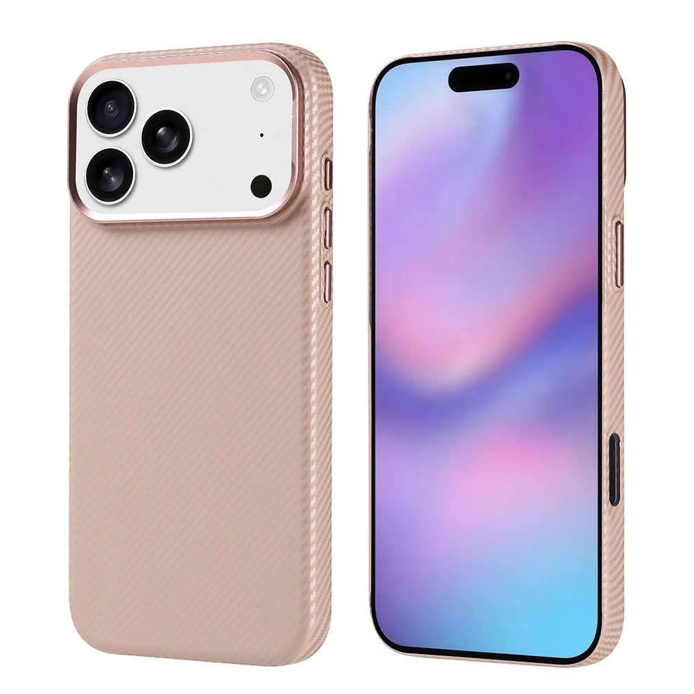 İki telefon kılıfı, biri kamera kesikleriyle, her ikisi de açık ten rengi ve pembe altın rengi süslemeli. Biri renkli bir ekran gösteriyor.