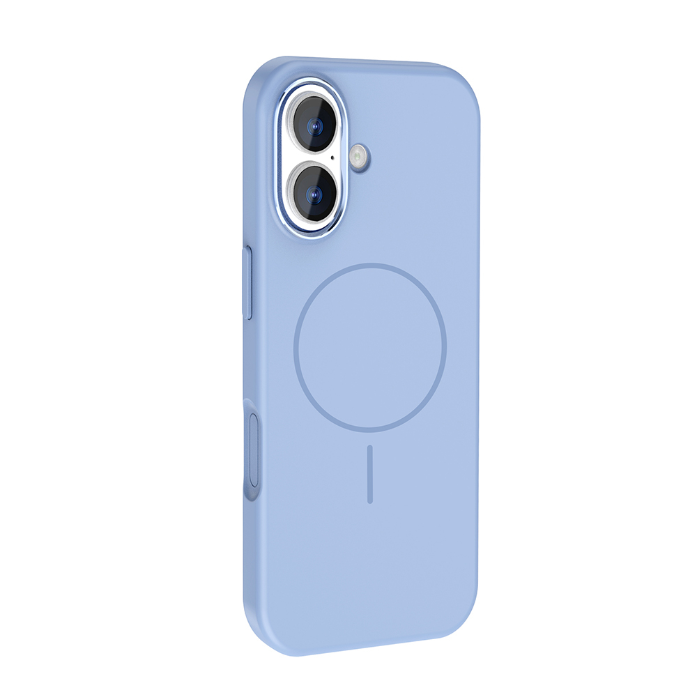 Arka tarafında kamera açıklıkları ve dairesel bir tasarım bulunan açık mavi bir telefon kılıfı. Beyaz bir arka plan üzerinde.