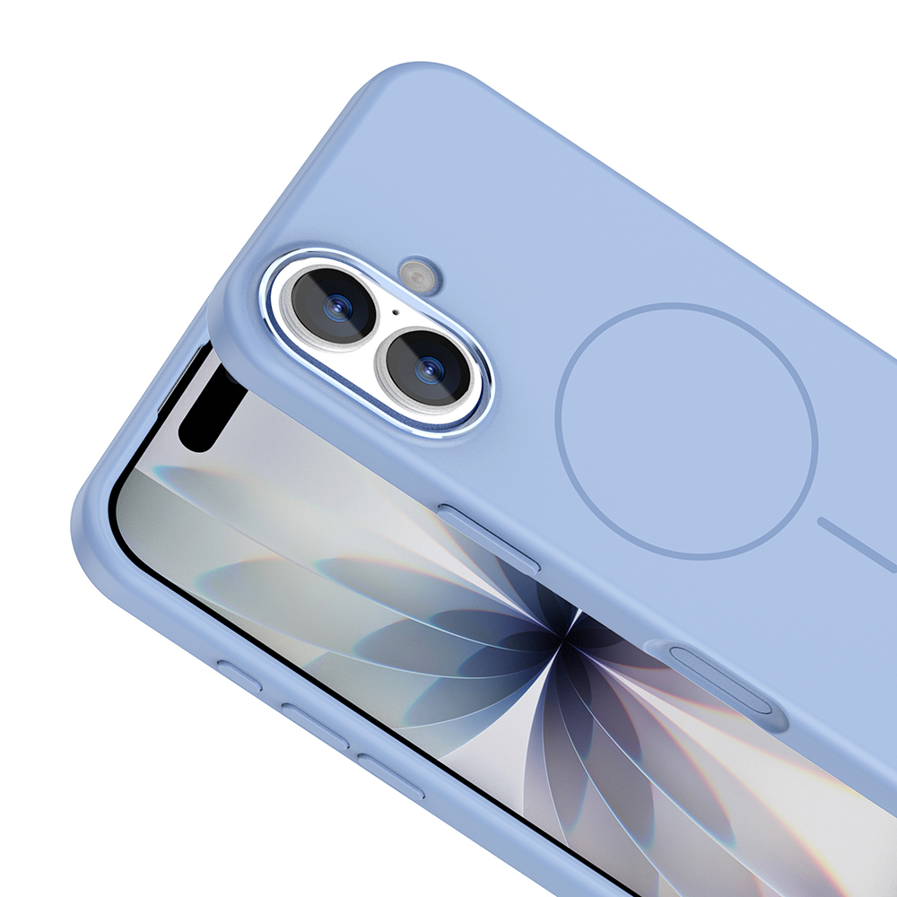 İçinde bir telefon bulunan açık mavi bir telefon kılıfı. Kılıfın arkasında dairesel bir tasarım ve kamera için bir kesik var.