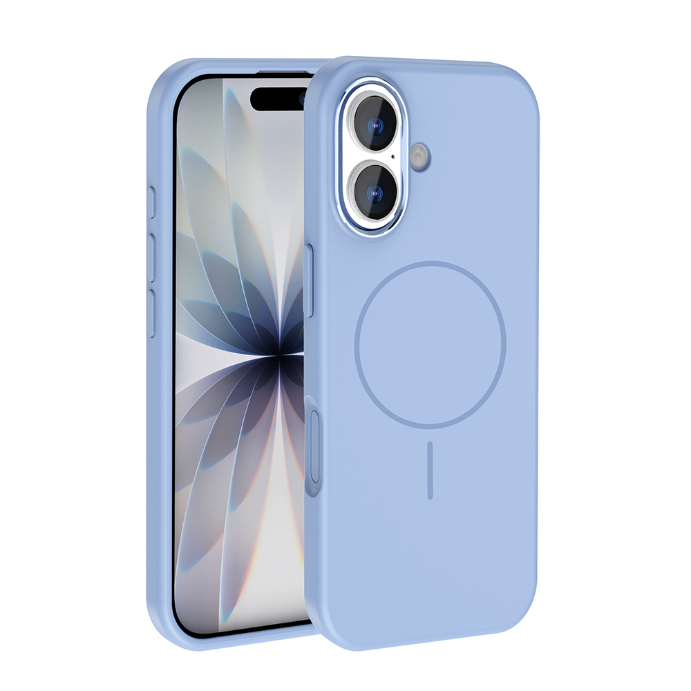 İçinde bir iPhone bulunan açık mavi bir telefon kılıfı. Kılıfın arkasında dairesel bir tasarım var. Telefon ekranı görünür durumda.