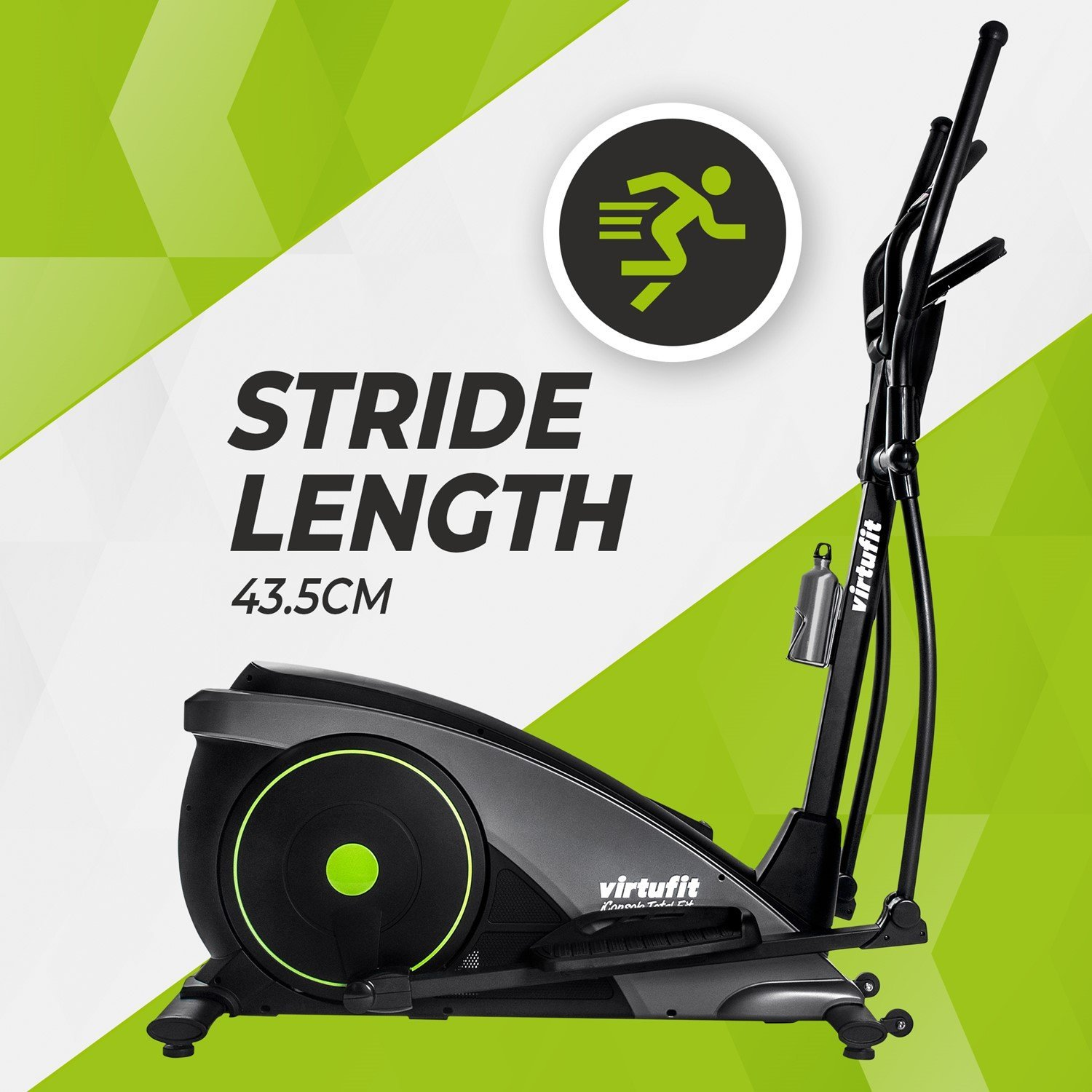 Ein Crosstrainer mit dem Text 'Stride Length 43.5CM'. Die Maschine ist schwarz und grau mit grünen Akzenten und einem Virtufit-Logo.