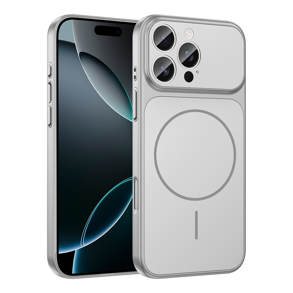 İçinde bir telefon bulunan gümüş bir telefon kılıfı. Kılıfın kamera oyuğu ve arkasında dairesel bir tasarım var.