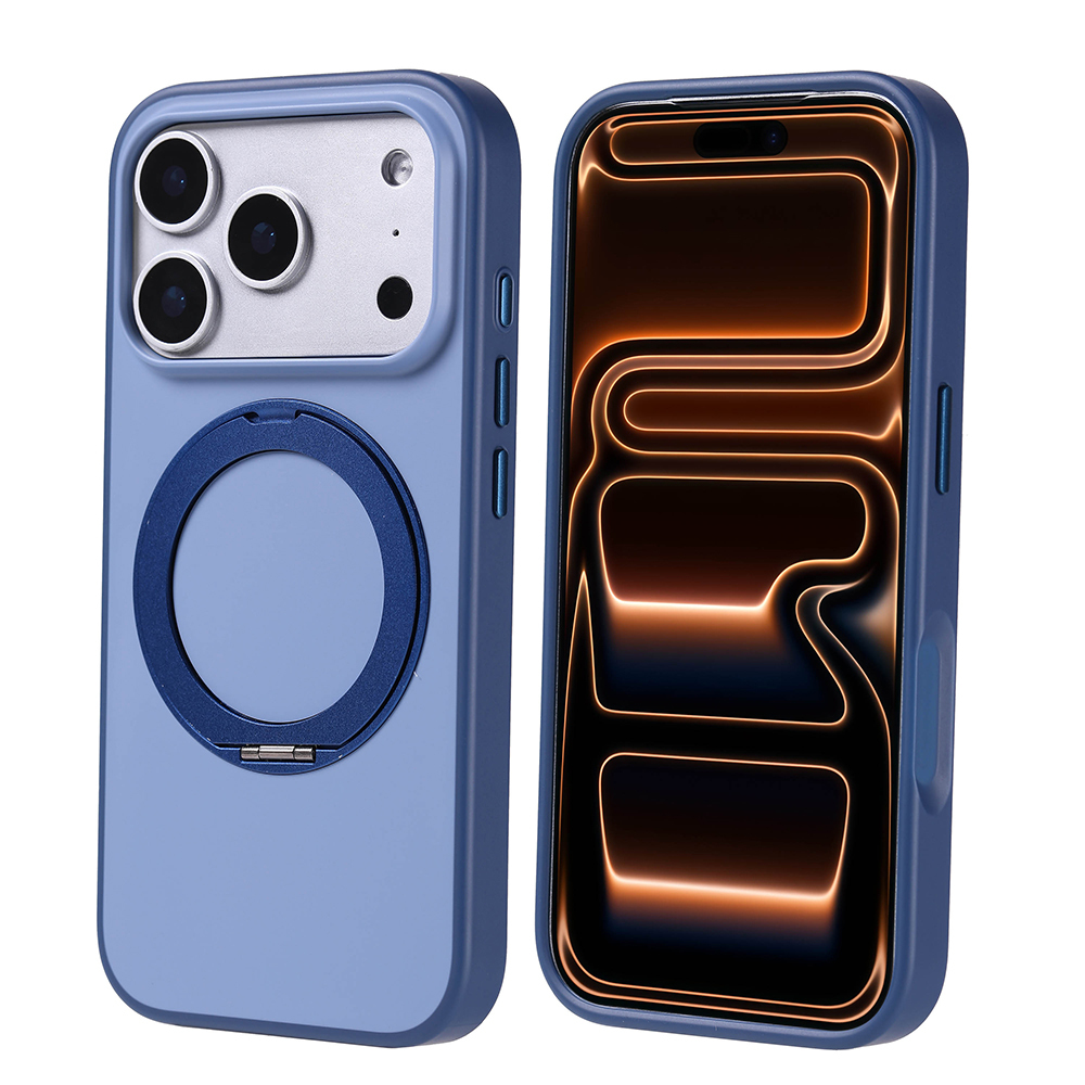 İki mavi telefon kılıfı. Biri kameraları ve bir halka ile arka tarafı gösterir. Diğeri parlayan bir desenle ekranı gösterir.