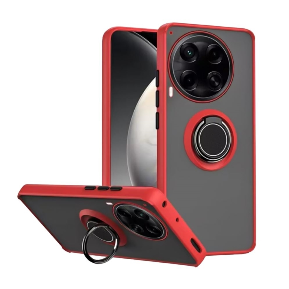 Kırmızı çerçeveli ve gri arka yüzeyli bir telefon kılıfı. Halkalı bir tutucu ve kamera kesikleri var. İçeride bir telefon görünüyor.