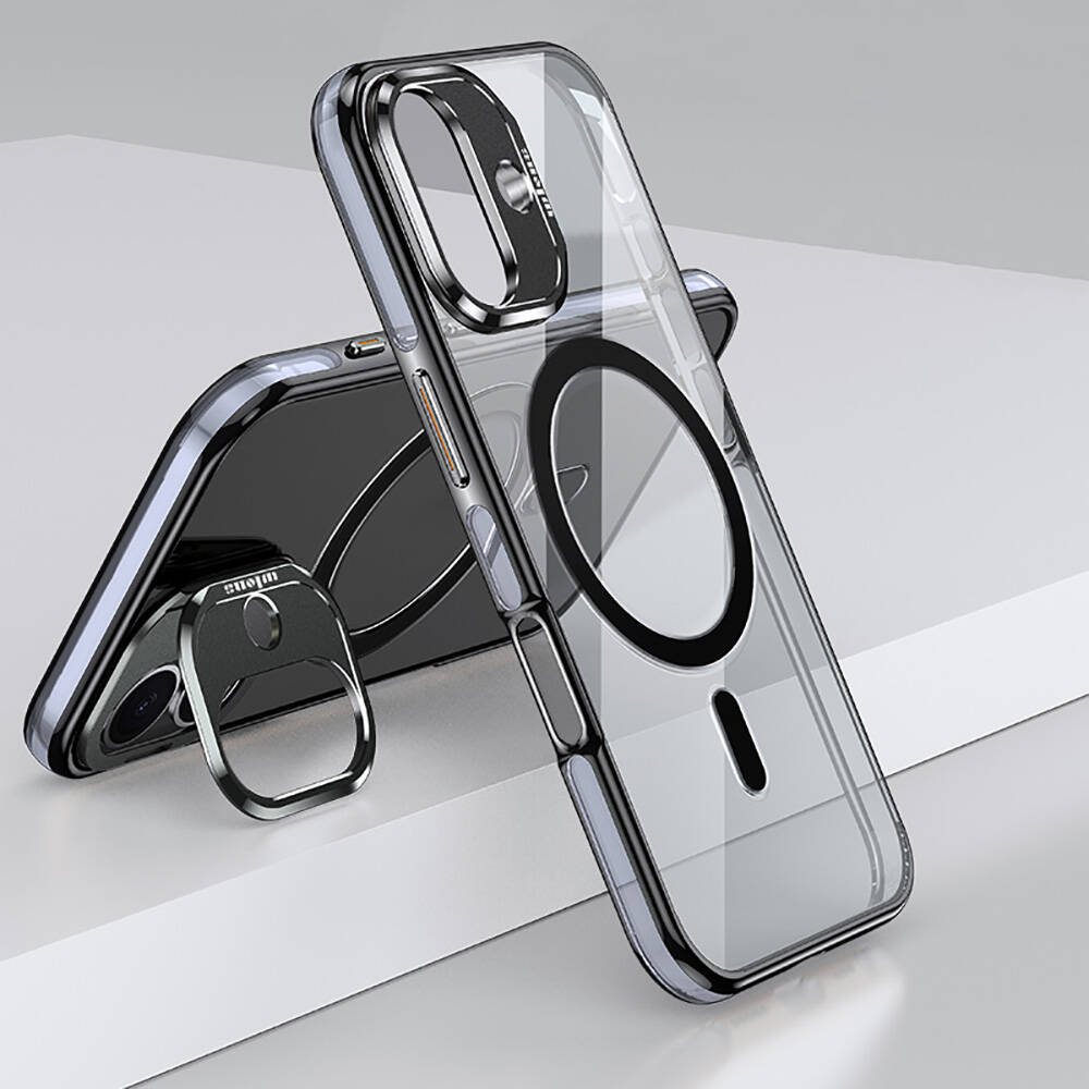 Siyah halkalı ve ortasında siyah daire bulunan şeffaf telefon kılıfı. Kılıf beyaz bir yüzey üzerinde.
