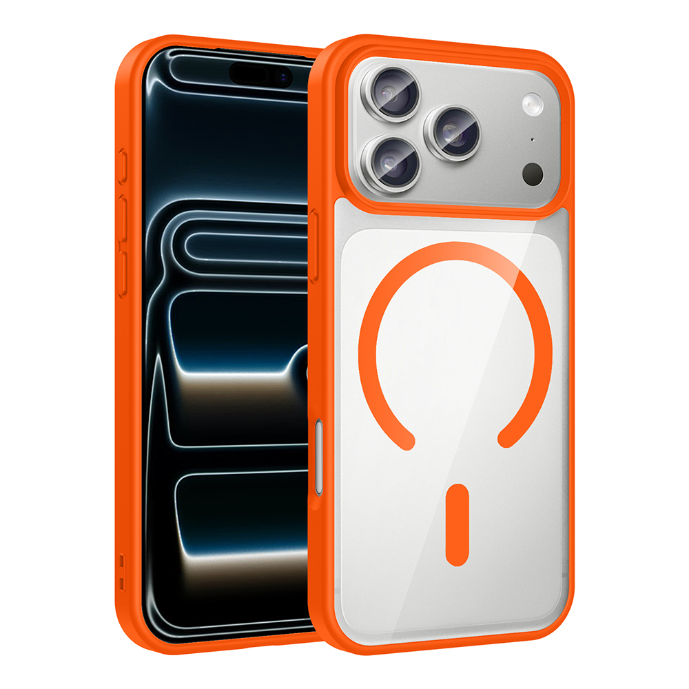 Beyaz arka yüzü olan turuncu bir iPhone kılıfı. Kılıfın içinde bir iPhone var. Kılıfın, turuncu bir daire bulunan şeffaf bir arka yüzü var.