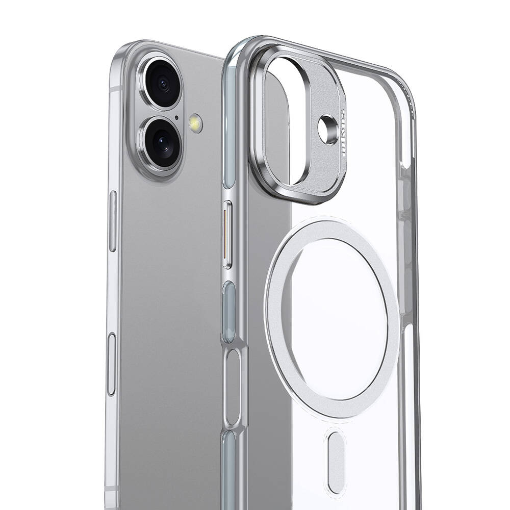 Şeffaf telefon kılıfı. Şeffaf kılıfın içinden iPhone görünüyor. Kamera kesikleri ve manyetik halka bulunuyor.