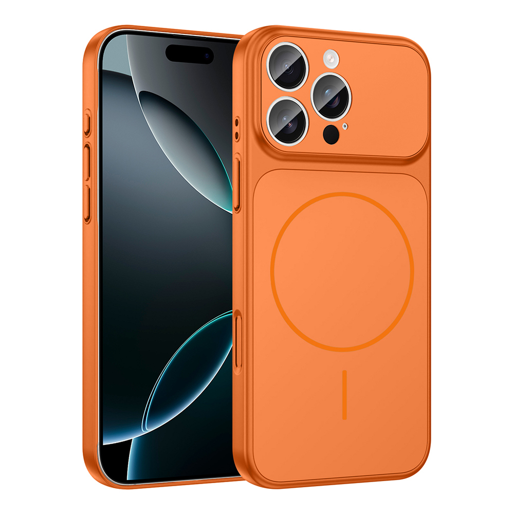 İçinde bir telefon bulunan turuncu bir telefon kılıfı. Kılıfın kamera kesimi ve arkasında manyetik bir daire var.