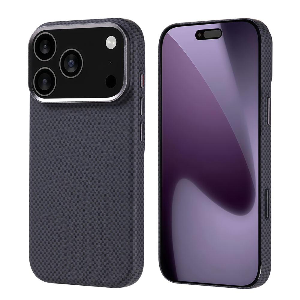 İki telefon kılıfı. Biri kamerayı, diğeri ekranı gösteriyor. Her ikisi de koyu gri dokulu bir desene sahip.