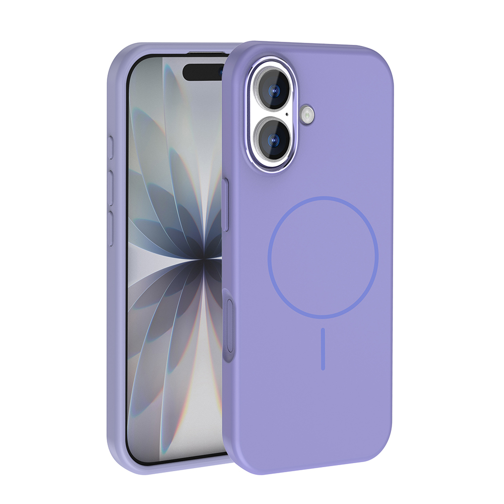 İçinde bir telefon bulunan mor bir telefon kılıfı. Kılıfın arkasında dairesel bir tasarım var. Telefon ekranı siyah.