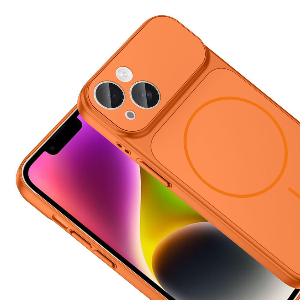 Bir telefonun üzerinde turuncu bir telefon kılıfı. Kılıfın kamera oyuğu ve dairesel bir tasarımı var. Telefon ekranında renkli bir görüntü gösteriliyor.