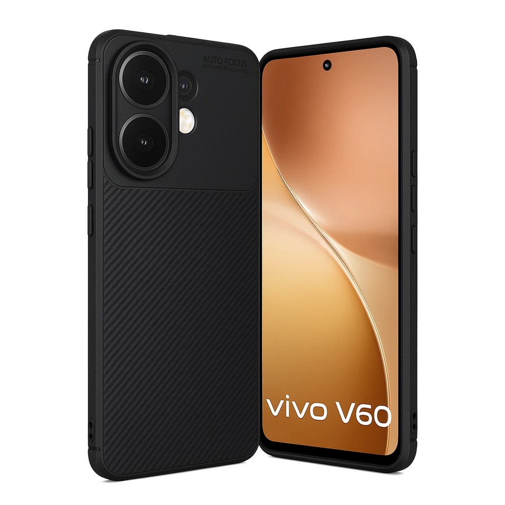 Kamera ve ekranlı siyah telefon kılıfı, telefon Vivo V60. Kılıfın dokulu bir arka yüzeyi var.