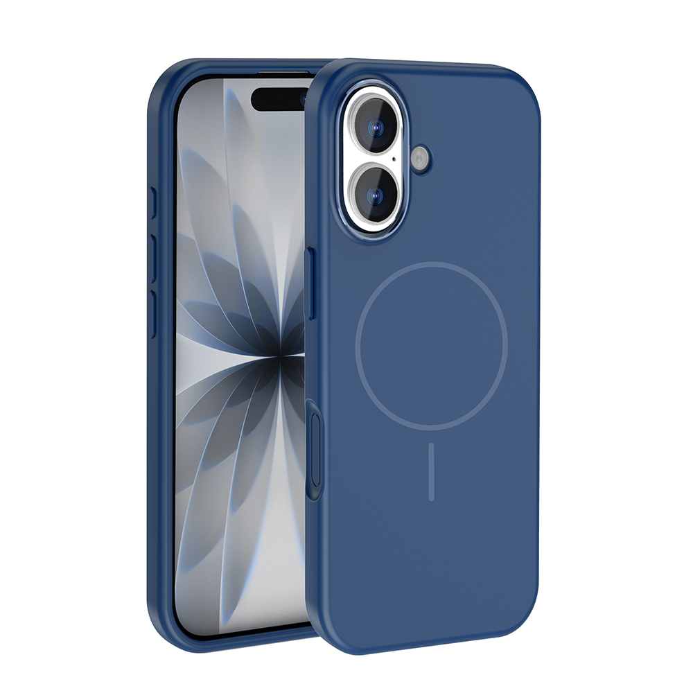 Bir telefonun yanında koyu mavi bir telefon kılıfı. Kılıfın arkasında dairesel bir tasarım var.
