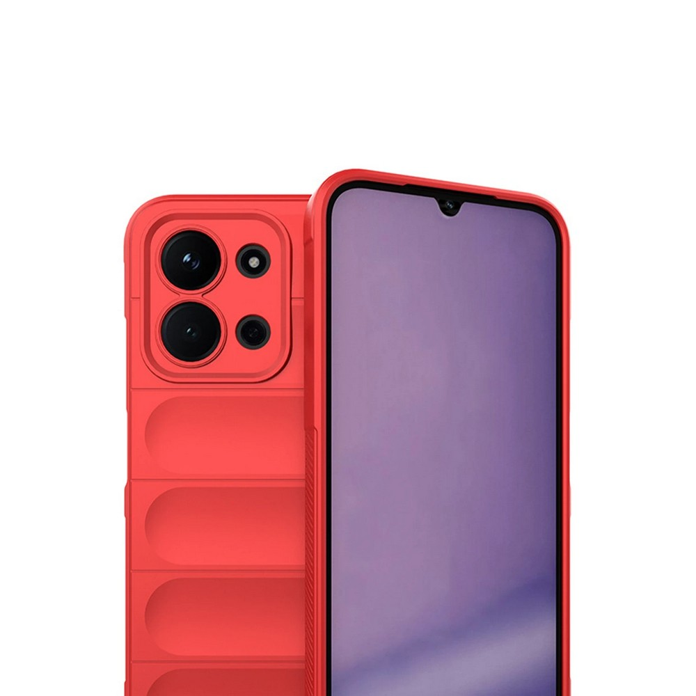 Telefon ekranı olan kırmızı bir telefon kılıfı. Kılıfın kamera oyuğu ve dokulu bir arka kısmı var. Ekran mor.