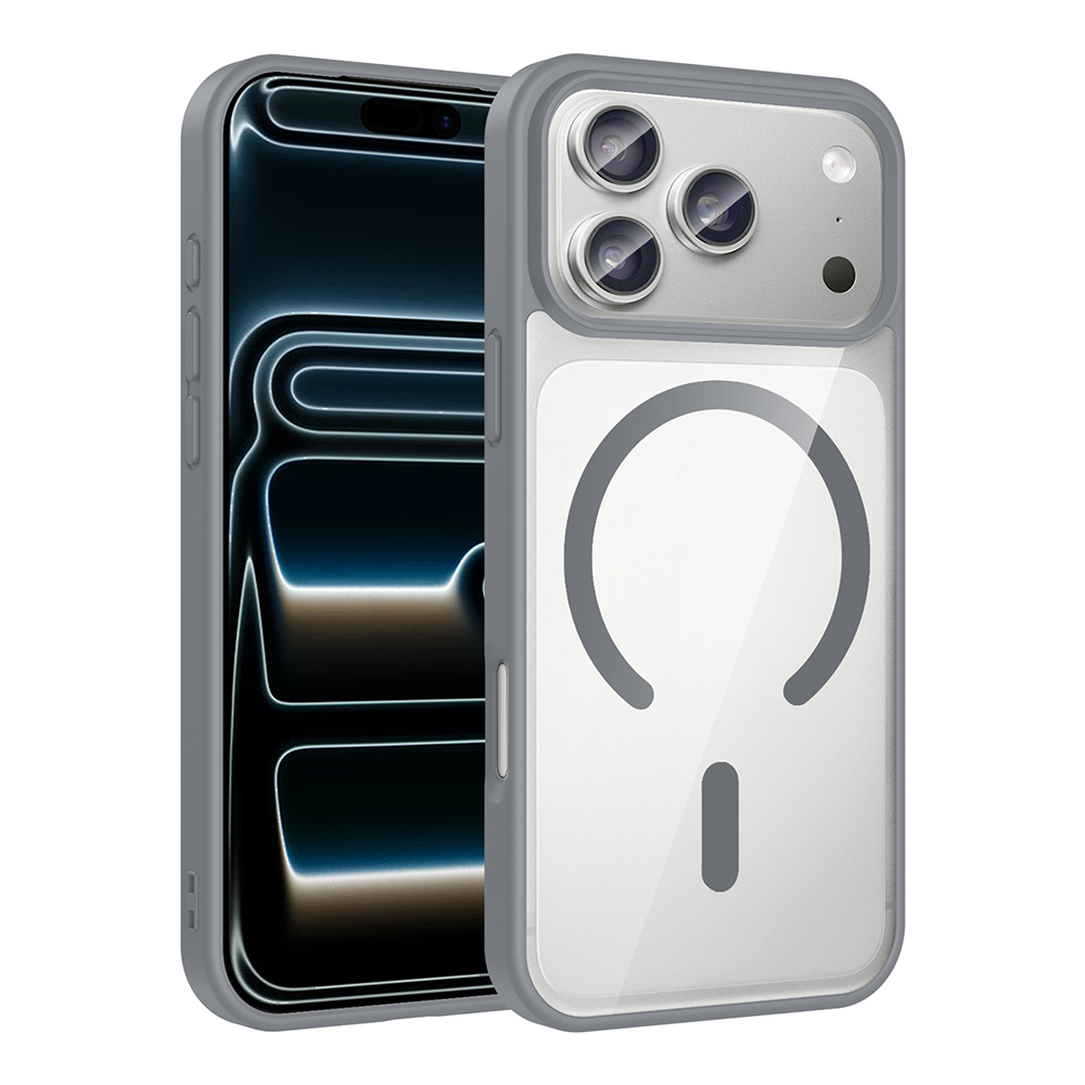 Gri kılıf içinde bir iPhone. Kılıf, dairesel tasarıma sahip şeffaf bir arka kısma ve gri bir çerçeveye sahiptir. Telefonun ekranı siyahtır.